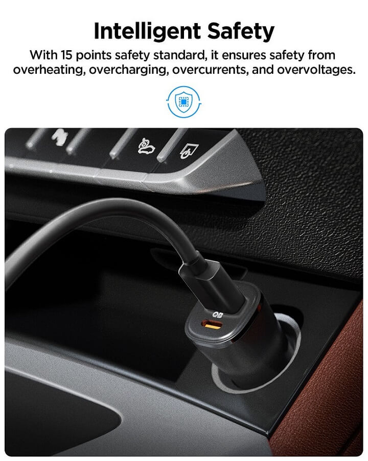 Зарядно за Кола, Spigen ArcStation Essential Dual Port 48W, Черен (6)