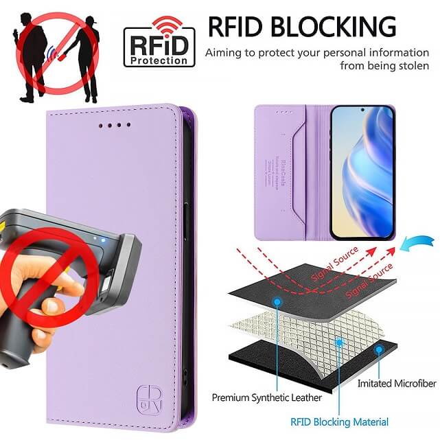 Кожен Калъф с Джобове за Xiaomi 15T Pro, Rfid Wallet Case, Лилав (12)