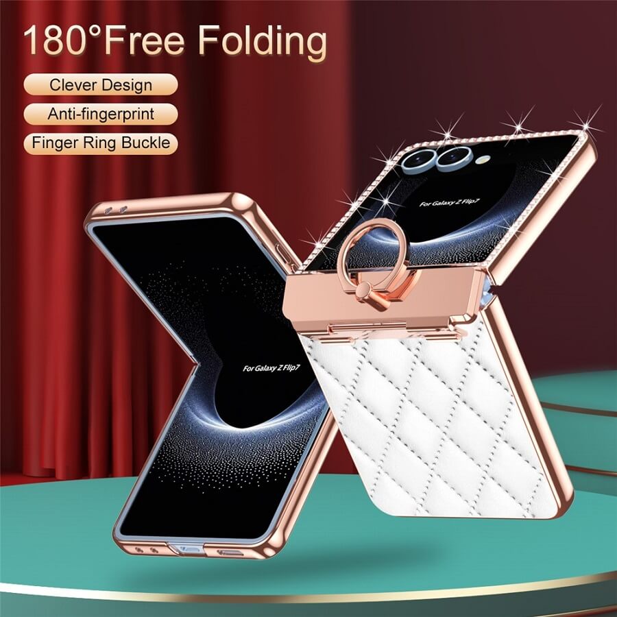 Калъф с Камъни за Samsung Z Flip 7, PU Leather Case, Бял (5)