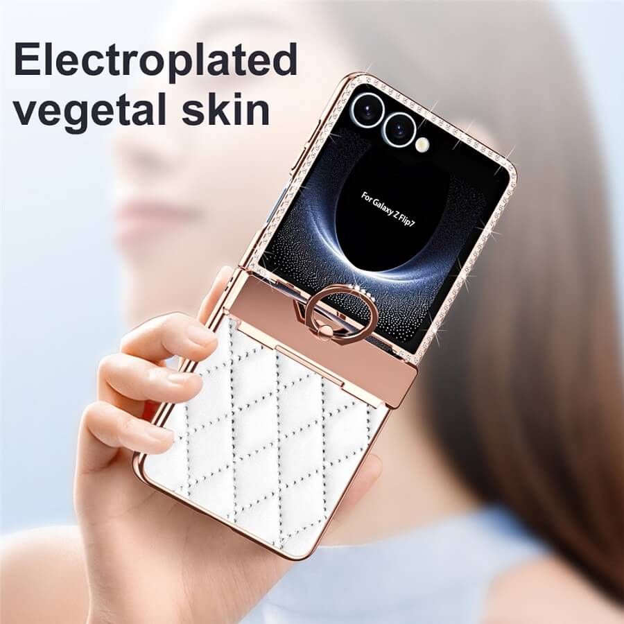 Калъф с Камъни за Samsung Z Flip 7, PU Leather Case, Бял (7)