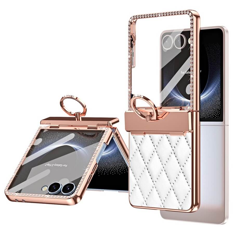 Калъф с Камъни за Samsung Z Flip 7, PU Leather Case, Бял (2)