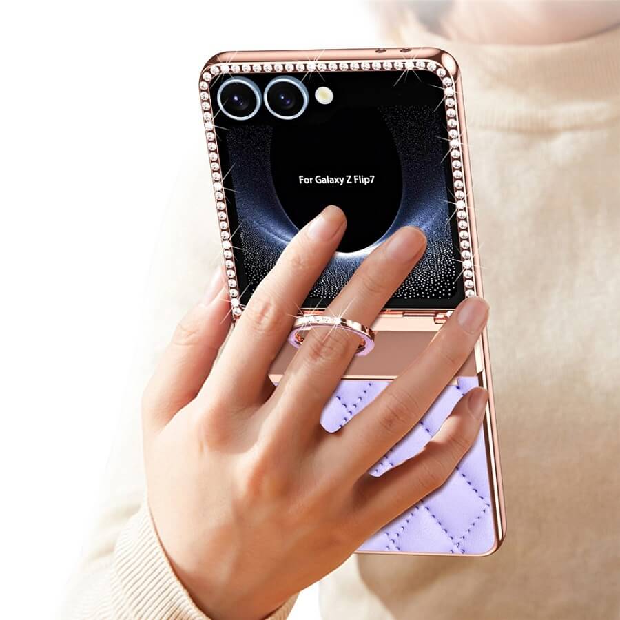 Калъф с Камъни за Samsung Z Flip 7, PU Leather Case, Бял (9)