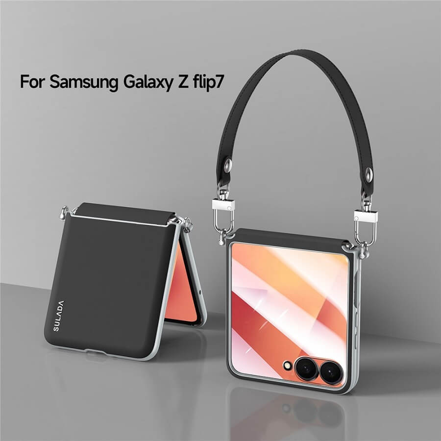 Луксозен Калъф с Каишка за Samsung Z Flip 7, Sulada Leather Case, Черен (2)