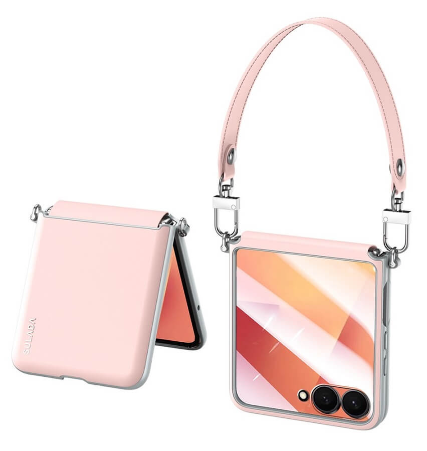 Луксозен Калъф с Каишка за Samsung Z Flip 7, Sulada Leather Case, Розов