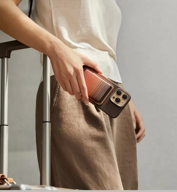 Magsafe Карбонов Калъф за Карти, Pitaka Magnetic Woven Wallet Sunset, Кафяв (8)