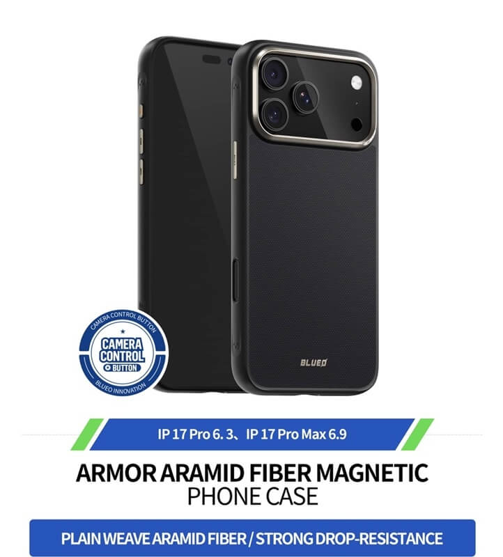 Magsafe Калъф за iPhone 17 Pro Max, Blueo Armor Aramid Fiber Case, Черен (3)
