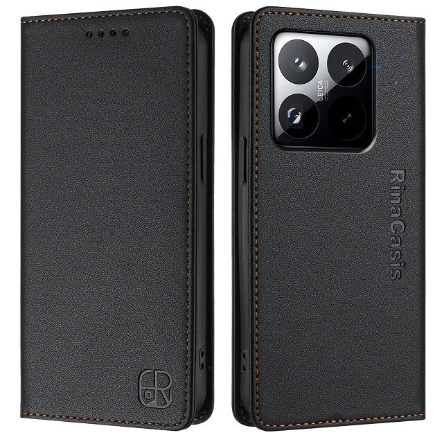 Кожен Калъф с Джобове за Xiaomi 15T, Rfid Wallet Case, Черен
