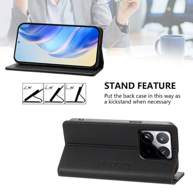 Кожен Калъф с Джобове за Xiaomi 15T, Rfid Wallet Case, Черен (4)