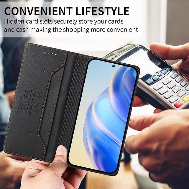 Кожен Калъф с Джобове за Xiaomi 15T, Rfid Wallet Case, Черен (11)