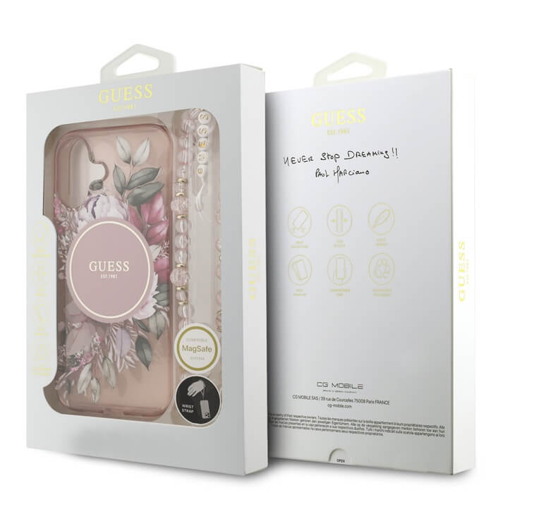 Дамски Калъф за iPhone 17, Guess IML Flowers Magsafe Strap Case, Розов (6)
