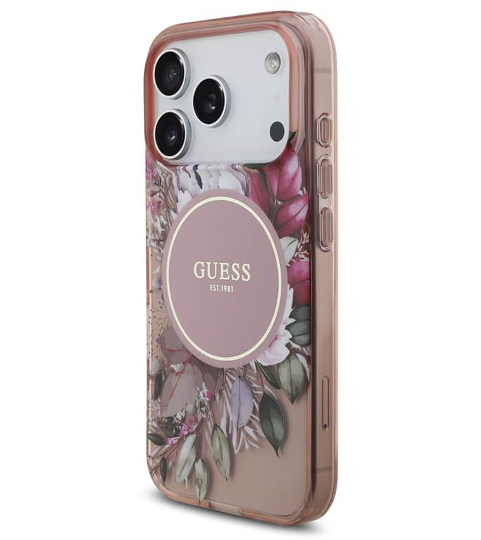 Дамски Калъф за iPhone 17 Pro, Guess IML Flowers Magsafe Strap Case, Розов (2)