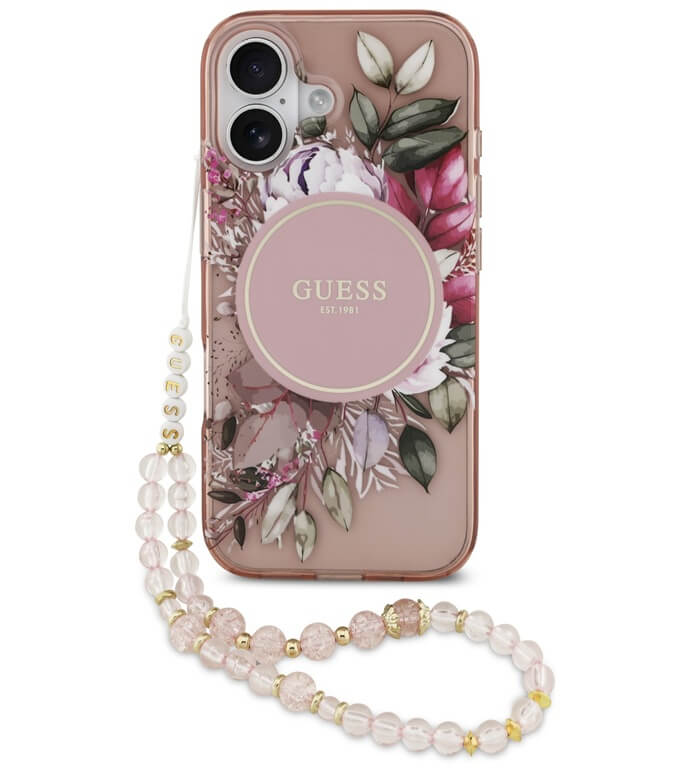 Дамски Калъф за iPhone 17, Guess IML Flowers Magsafe Strap Case, Розов