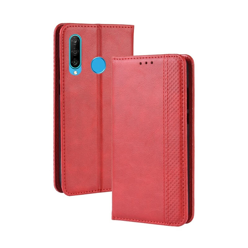 Калъф от Естествена Кожа за Huawei P30 Lite, Retro Leather Wallet Case, Червен (7)