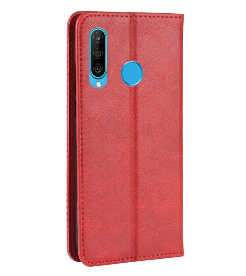 Калъф от Естествена Кожа за Huawei P30 Lite, Retro Leather Wallet Case, Червен (2)