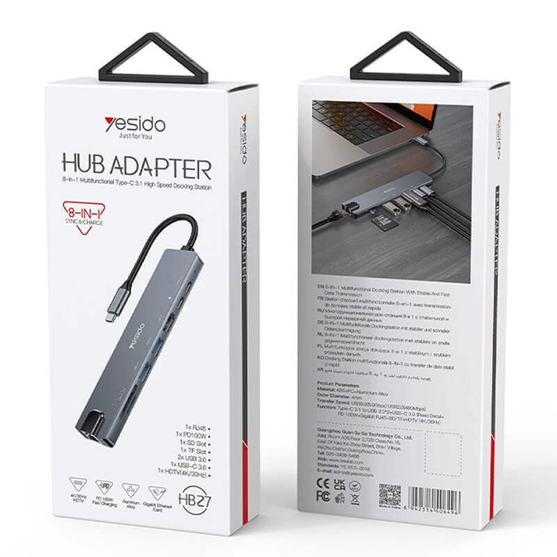 Хъб за Смартфони и Таблети с USB-C, Yesido HB27 8in1 HDMI-USB2.0-USB 3.0-SD Card Reader, Черен (9)