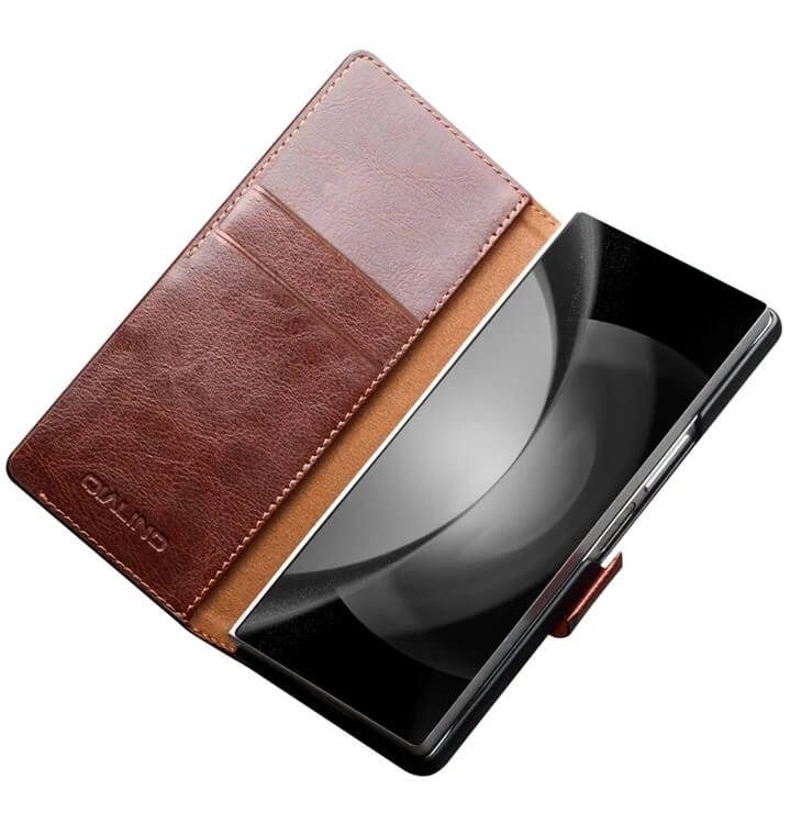 Кожен Калъф за Samsung Z Fold 7, Qialino Book Case, Кафяв (6)