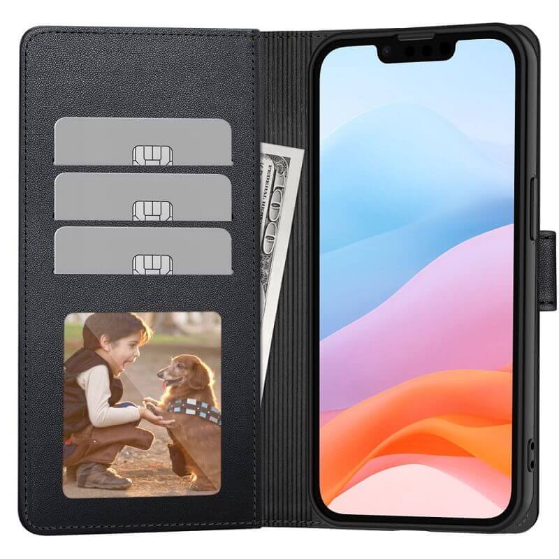 Кожен Калъф с Джобове за iPhone 17e/ 16e, Tech-Protect Wallet Book Case, Черен (4)