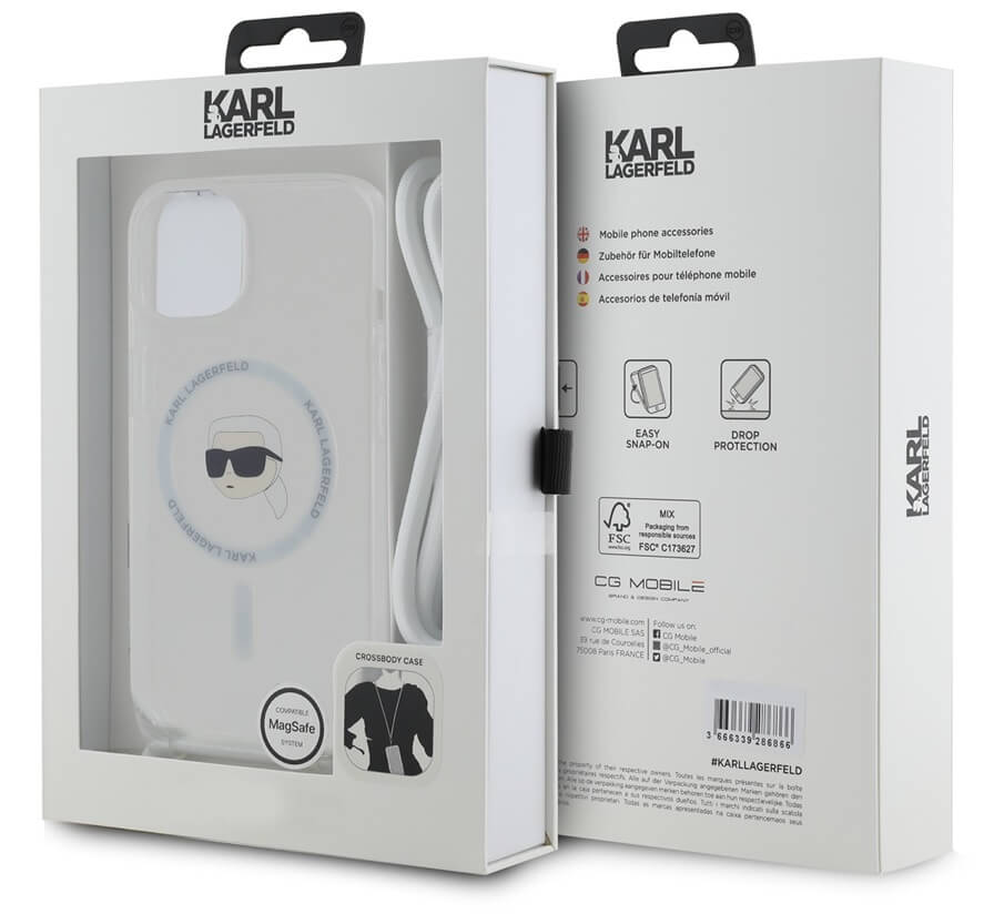 Magsafe Калъф с Връзка за iPhone 15, Karl Lagerfeld IML Crossbody Karl Head Case, Прозрачен (4)