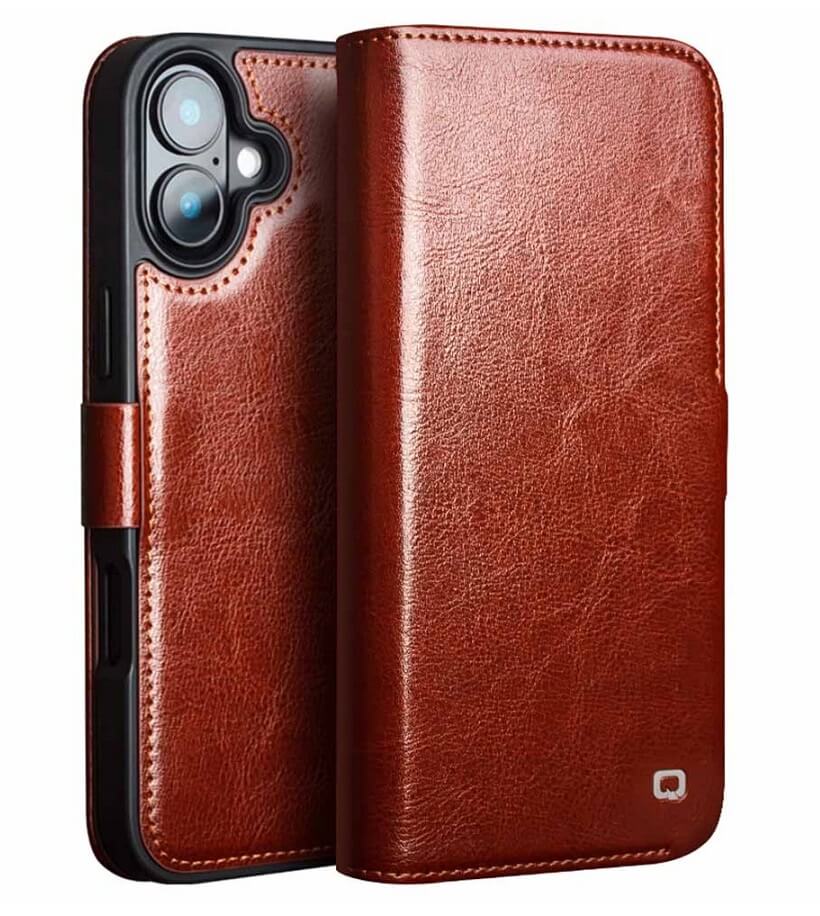 Кожен Калъф за iPhone 16, Qialino Book Case, Кафяв