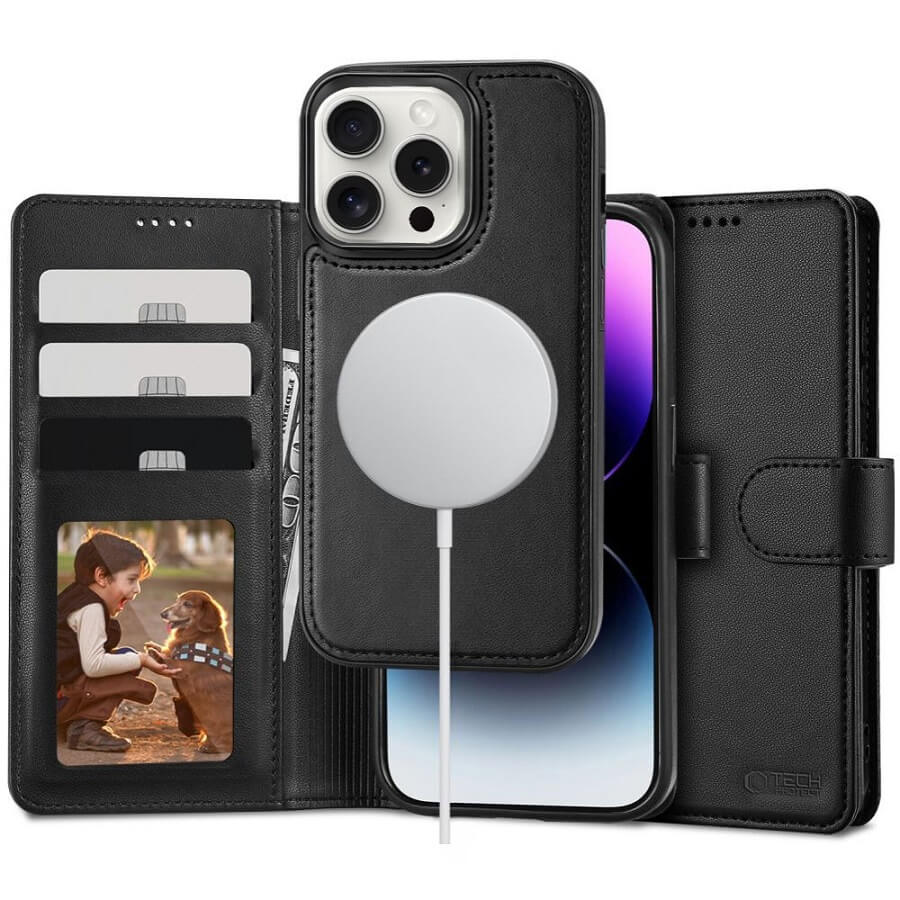 Magsafe Кожен Калъф с Джобове за iPhone 16 Pro, Tech-Protect Wallet Book Case, Черен
