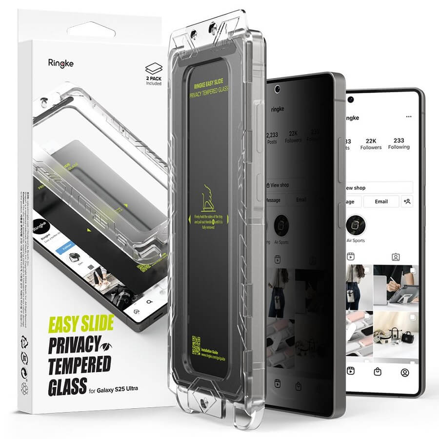Затъмняващ Протектор за Samsung S25 Ultra, Ringke Privacy Easy Slide Glass 2бр., Черен