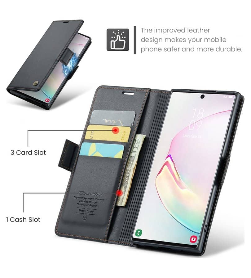 Кожен Калъф за Samsung Note 10 Plus, RFID Blocking Book Case, Черен (9)