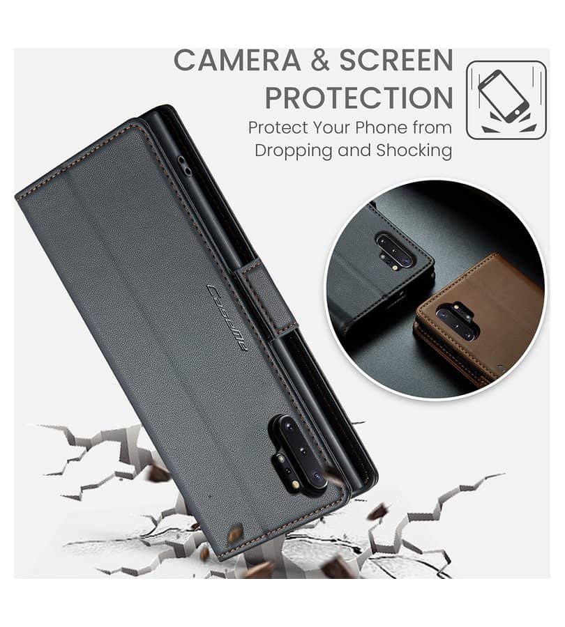 Кожен Калъф за Samsung Note 10 Plus, RFID Blocking Book Case, Черен (8)
