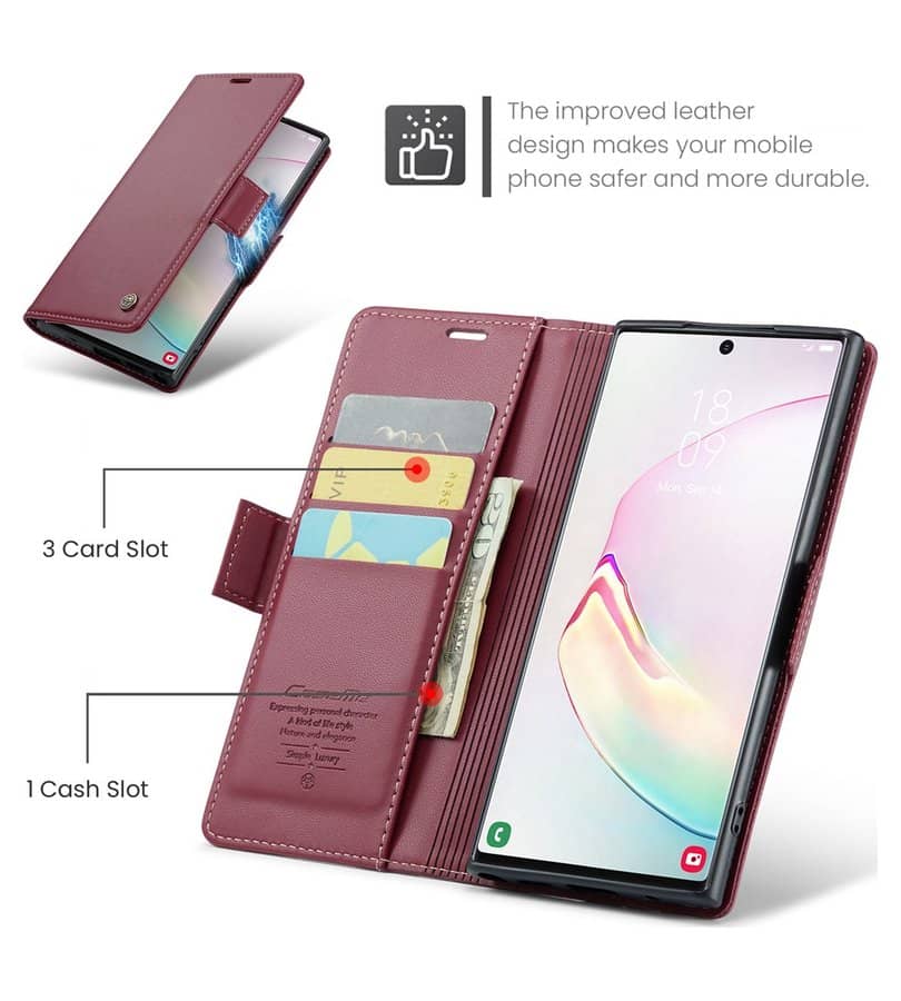 Кожен Калъф за Samsung Note 10 Plus, RFID Blocking Book Case, Червен (10)