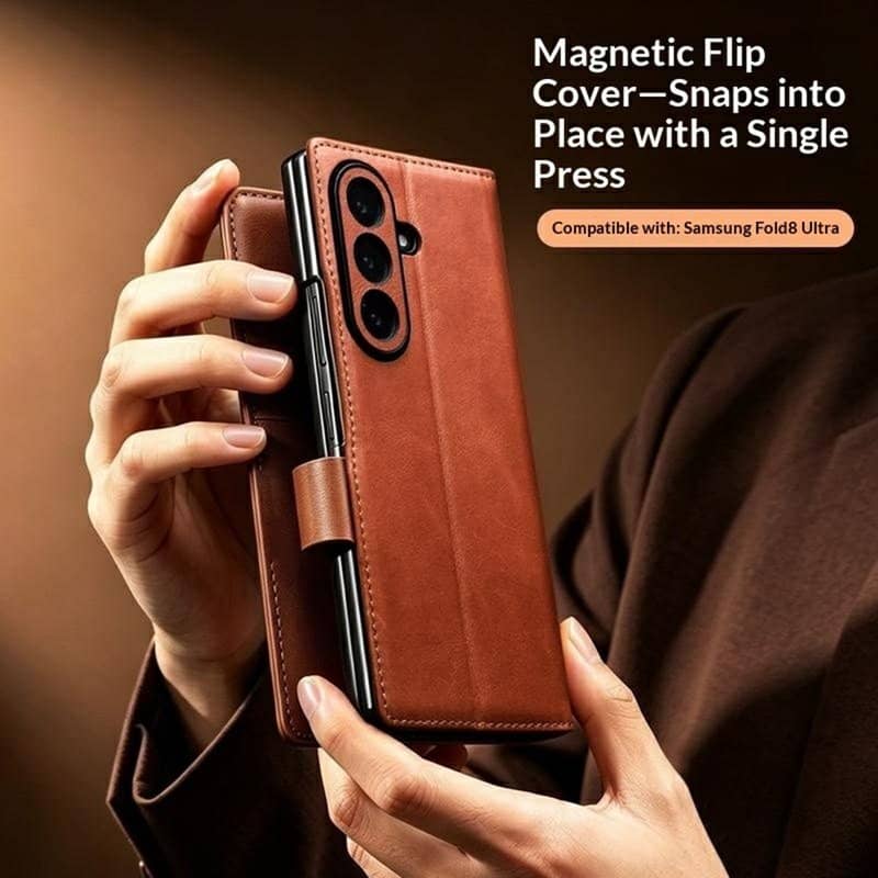 Кожен Калъф за Samsung Z Fold 8 Ultra, Qialino Leather Book Case, Светло Кафяв (9)