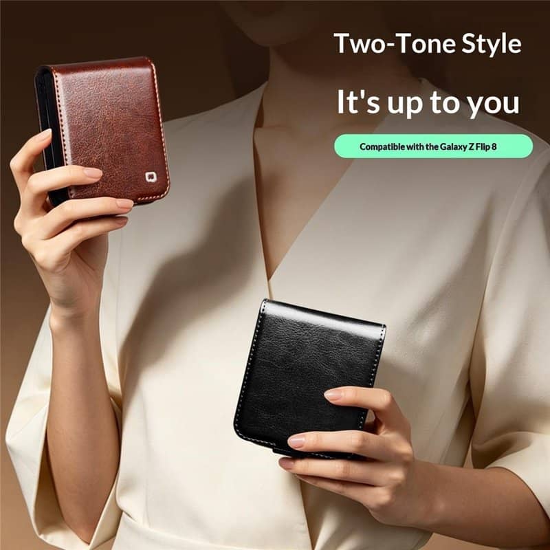 Кожен Калъф за Samsung Z Flip 8, Qialino Leather Book Case, Черен (8)