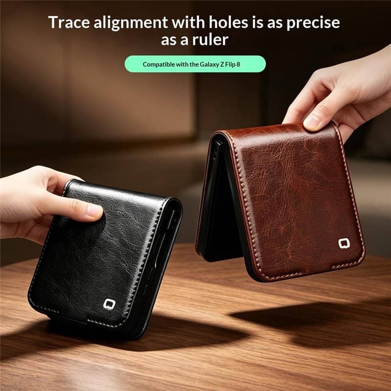 Кожен Калъф за Samsung Z Flip 8, Qialino Leather Book Case, Кафяв (10)