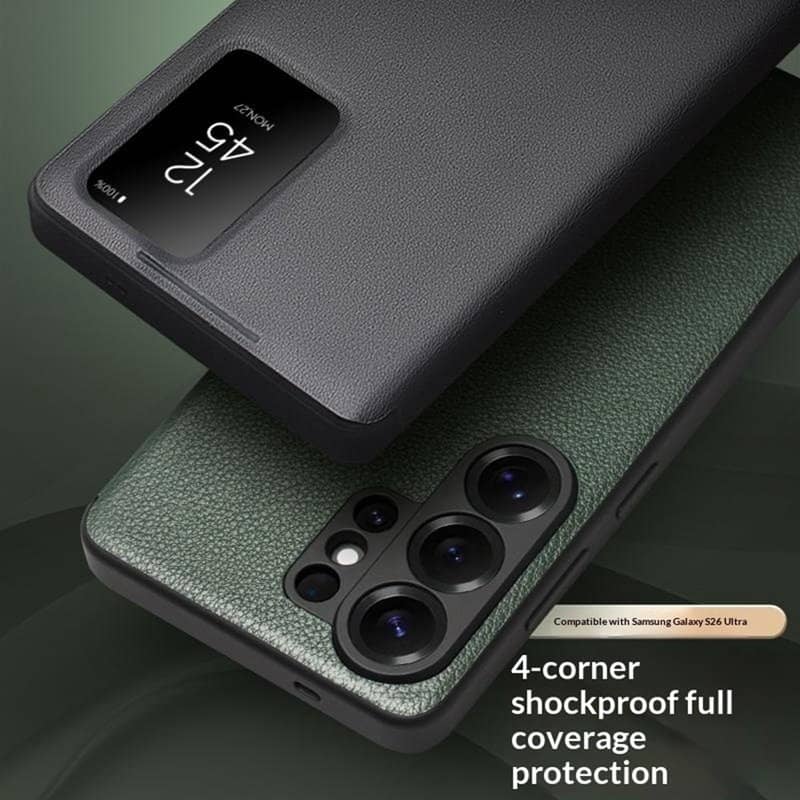 Активен Кожен Калъф за Samsung S26 Ultra, Qialino Smart View Book Case, Черен (6)