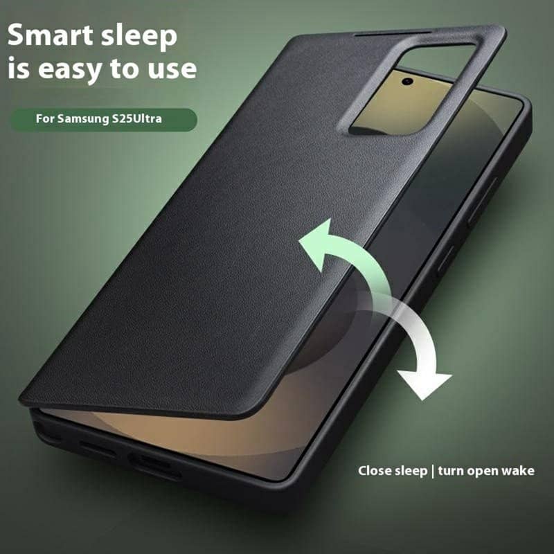 Активен Кожен Калъф за Samsung S25 Ultra, Qialino Smart View Book Case, Черен (12)