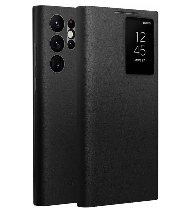 Активен Кожен Калъф за Samsung S22 Ultra, Qialino Smart View Book Case, Черен