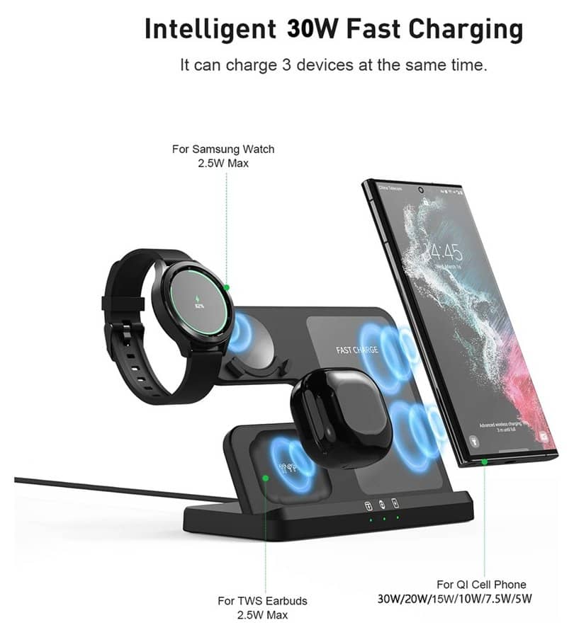 Безжично Зарядно за Samsung, GKK 3in1 Charging Station 15W, Черен (10)