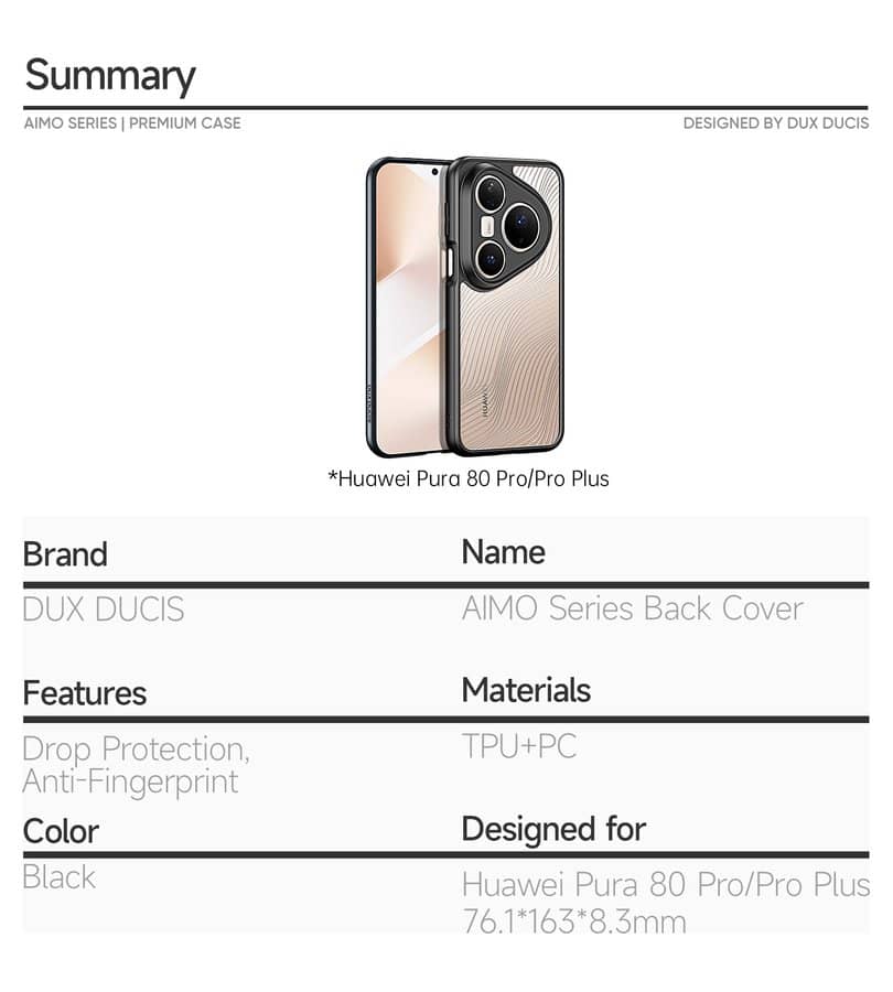 Елегантен Калъф за Huawei Pura 80 Pro, Dux Ducis Aimo Case, Черен (17)