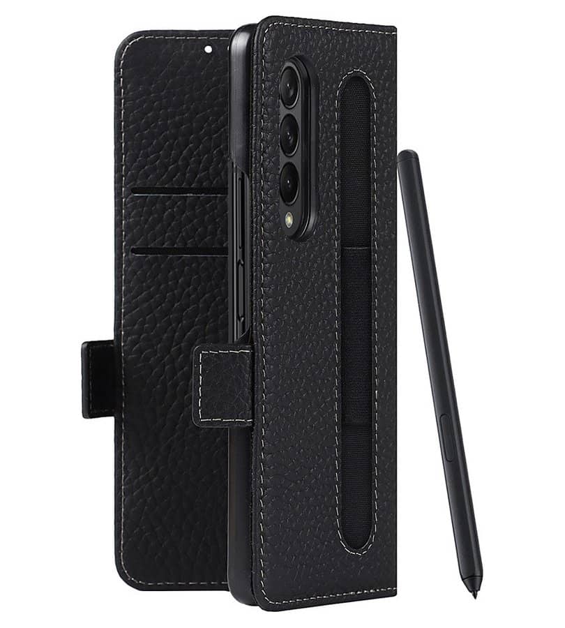 Кожен Калъф с S-Pen Поставка за Samsung Z Fold 3, GKK Leather Case, Черен (16)