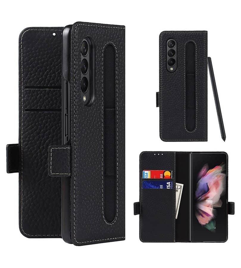 Кожен Калъф с S-Pen Поставка за Samsung Z Fold 3, GKK Leather Case, Черен (9)