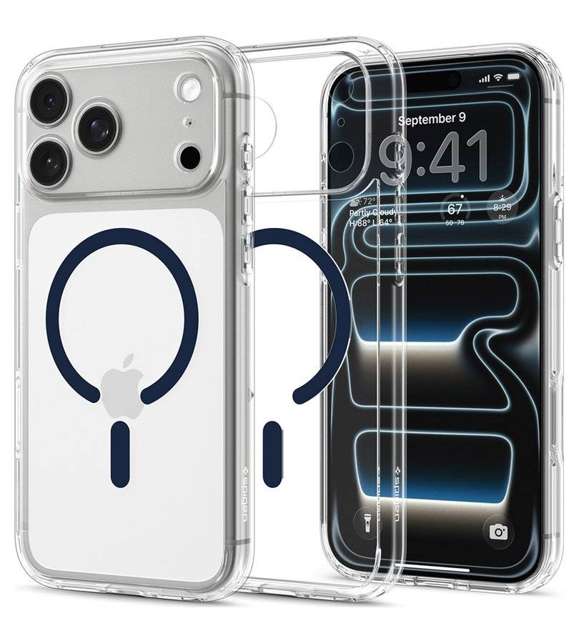 Magsafe Калъф за iPhone 18 Pro/ 17 Pro, Spigen Ultra Hybrid Mag Fit Case Clear/Deep Blue, Прозрачен