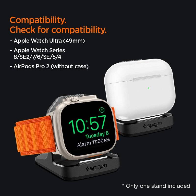 Поставка за Зарядното на Apple Watch, Spigen Rugged Armor TPU Stand, Черен (17)