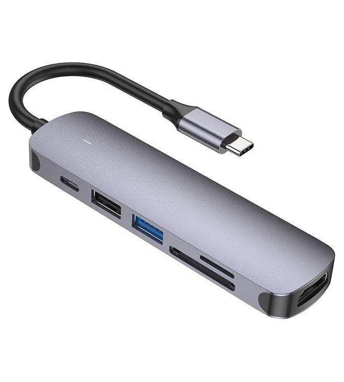 USB-C Хъб, Acefast 6in1 HDMI 4K/ USB-C/ USB3.0/ Card Reader J18, Сив