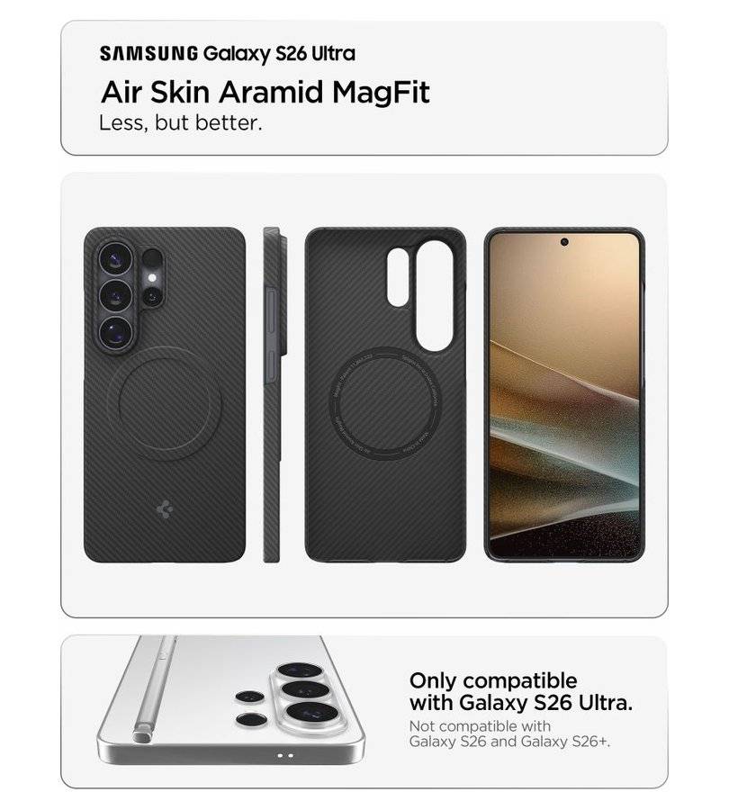 Magsafe Карбонов Калъф за Samsung S26 Ultra, Spigen Airskin Aramid Mag Case, Черен (9)