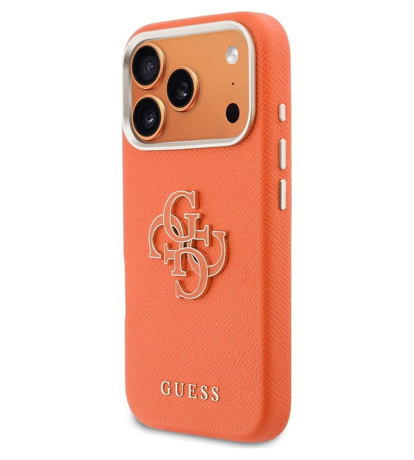 Кожен Калъф за iPhone 17 Pro, Guess PU Resin Logo Case, Оранжев (2)