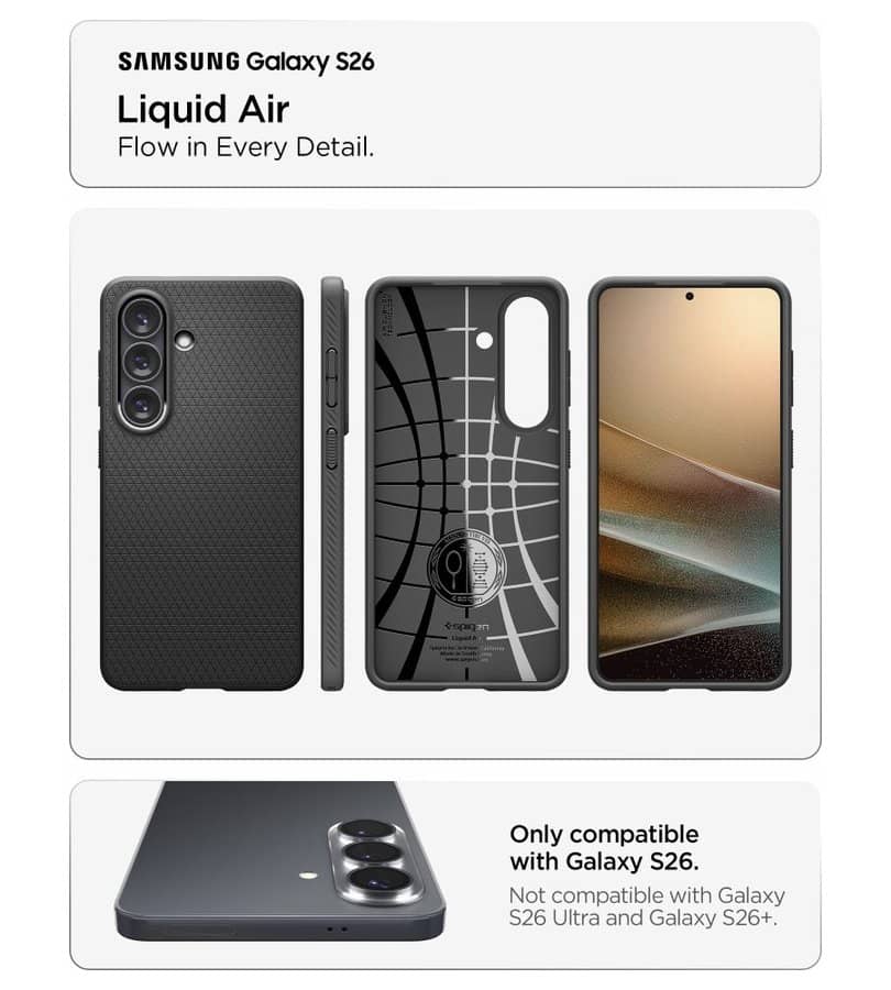 Противоударен Калъф за Samsung S26, Spigen Liquid Air Matte Black Case, Черен (10)
