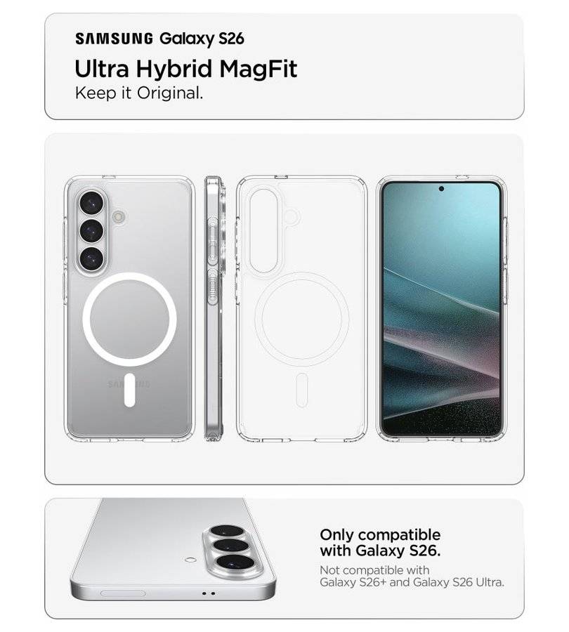 Magsafe Калъф за Samsung S26, Spigen Ultra Hybrid White Case, Прозрачен (7)