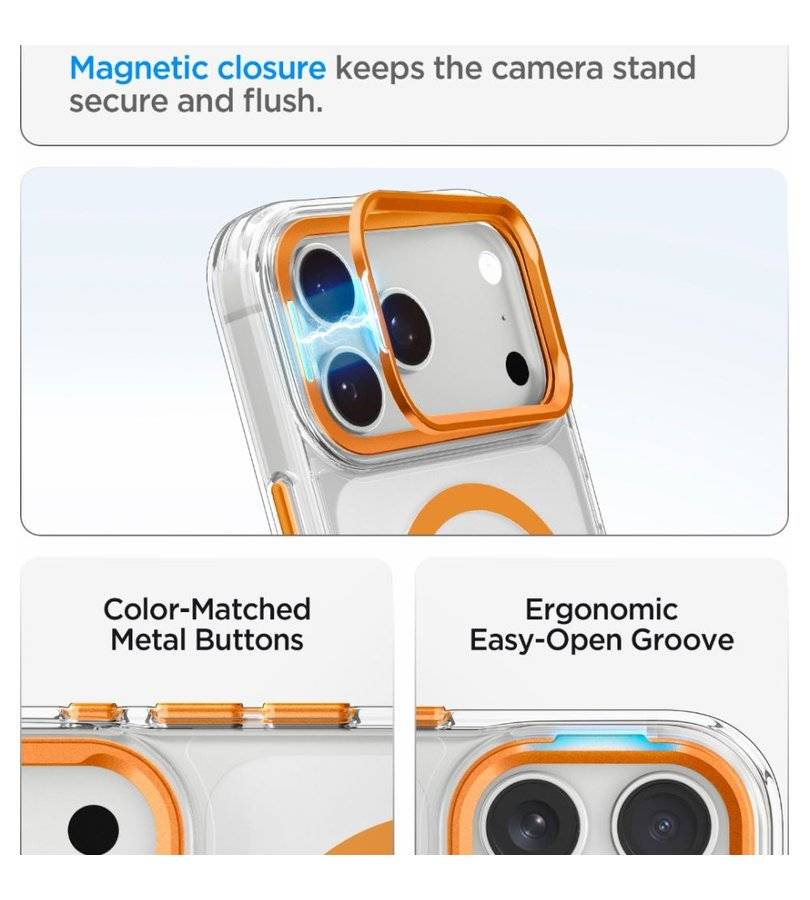 Magsafe Калъф за iPhone 18 Pro/ 17 Pro, Spigen Ultra Hybrid Optik S Mag Fit Case Clear/Orange, Прозрачен (7)
