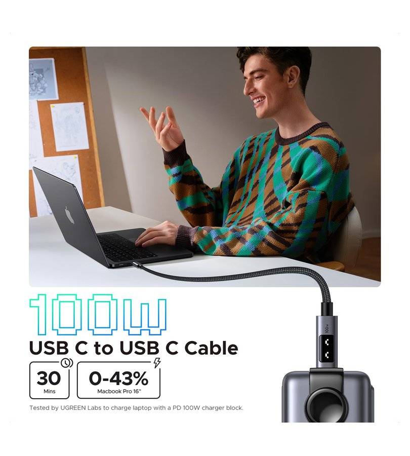 Къс Кабел USB-C to USB-C за Външна Батерия, Ugreen Woven L509 100W 0.5m, Сив (2)