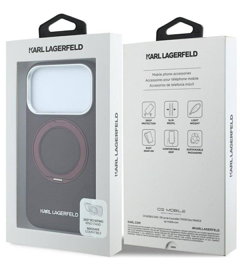 Magsafe Калъф за iPhone 18 Pro Max/ 17 Pro Max, Karl Lagerfeld Ring Stand 360 Saffiano Case Burgundy, Бордо (7)