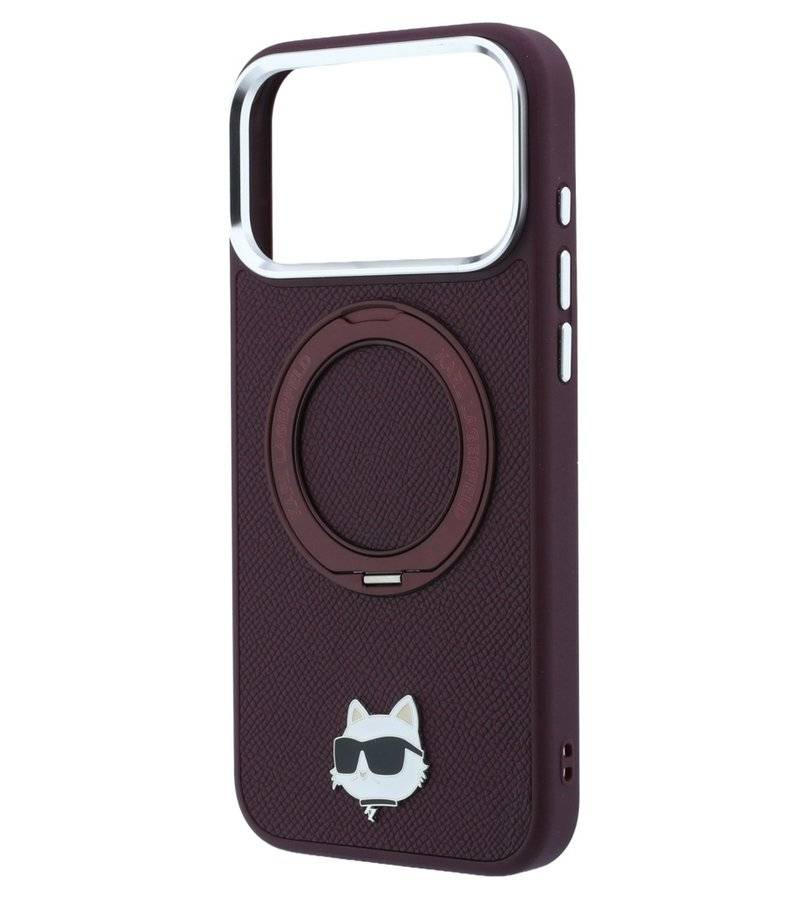 Magsafe Калъф за iPhone 18 Pro/ 17 Pro, Karl Lagerfeld Leather Ring Stand 360 C Pin Case Burgundy, Бордо (6)