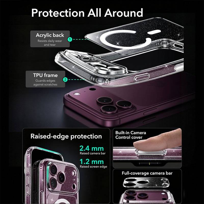 Magsafe Блестящ Калъф за iPhone 18 Pro/ 17 Pro, ESR Classic Hybrid Clear Shimmer Mag Case, Прозрачен (5)